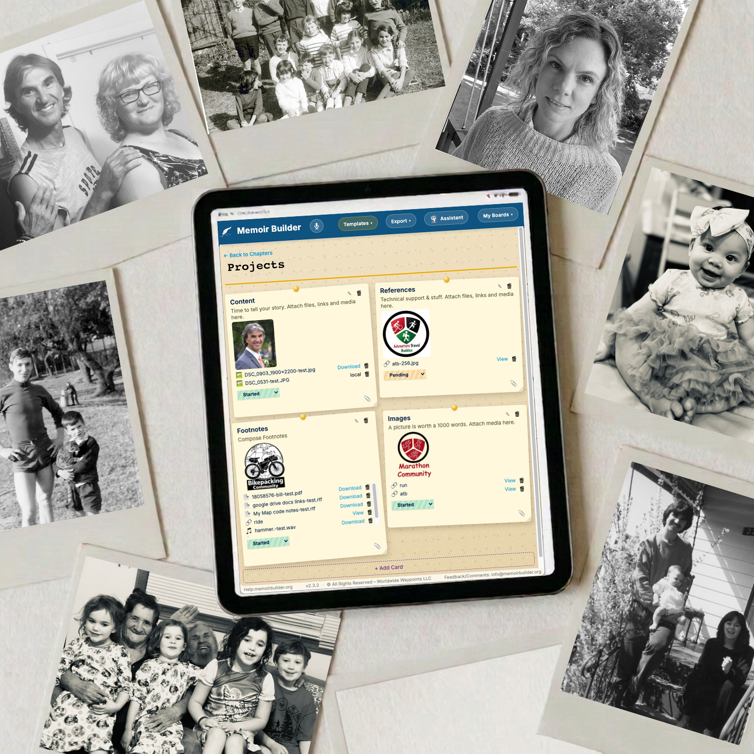 Black-and-white family photographs spread out around a tablet showing the Memoir Builder app's chapter board.