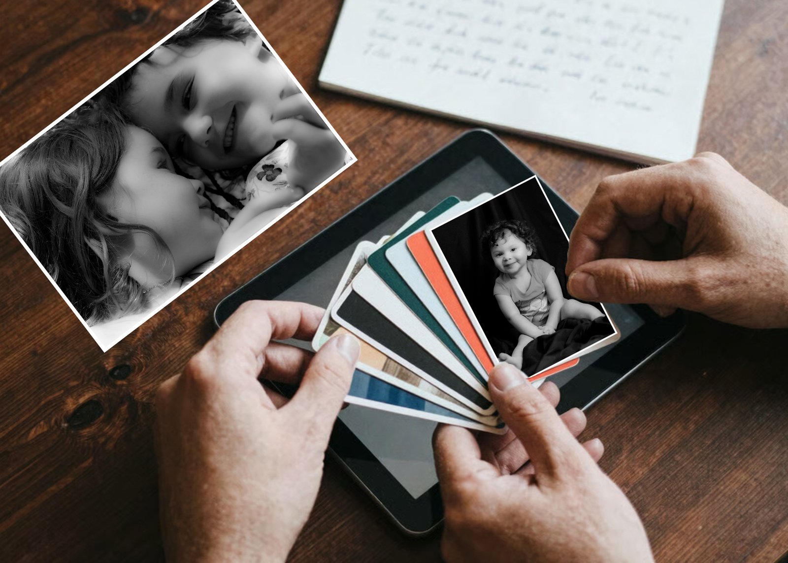 Hands fanning out story cards over a tablet, one card showing a black-and-white childhood photograph, next to a handwritten letter.